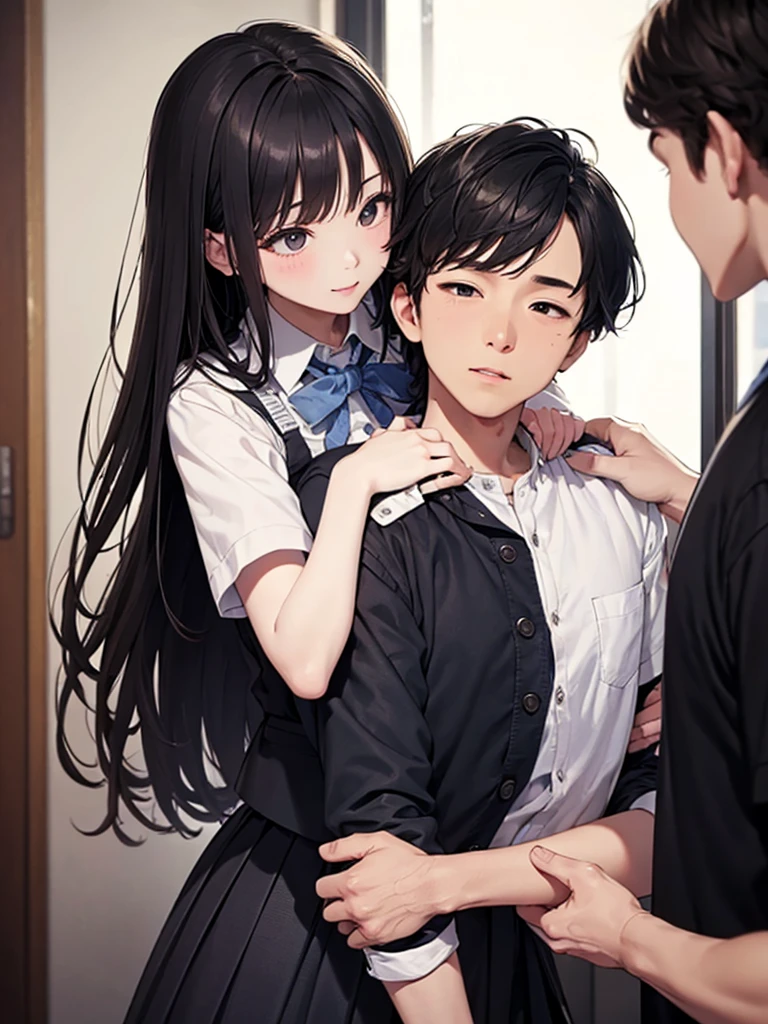 masterpiece、High definition photo quality、8k、1 high school girl、uniform、One man、nsfw、Cool guy、((A man touches a woman&#39;s nipples from behind:1.8))、((in trouble:1.8))、(Pleated mini skirt)、A woman tries to escape、Panties are visible、Tight-fitting blouse、White knee-high socks、Look down、Big eyes、Straight long hair、