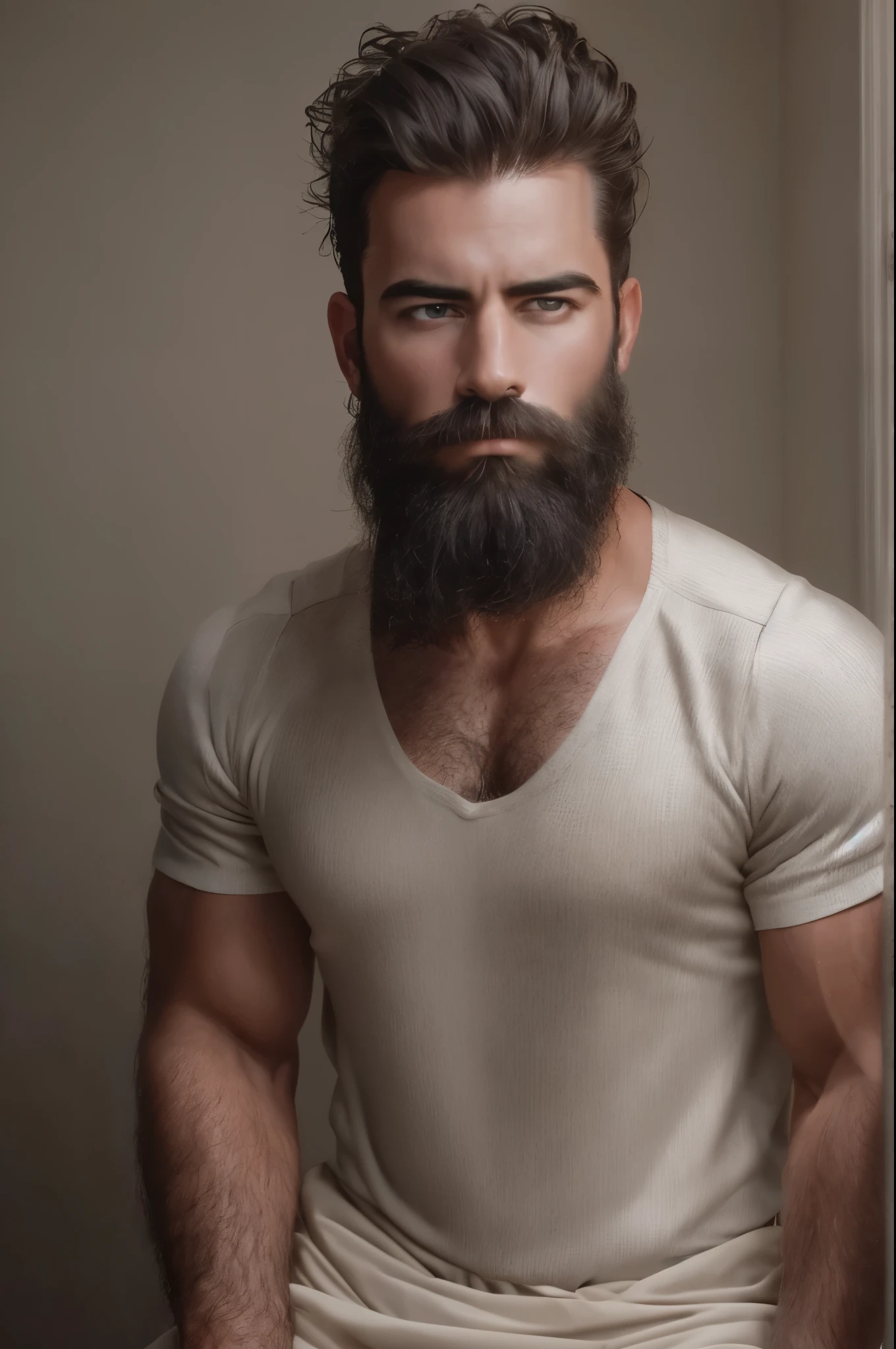 Generate an image of a 3 man with a thick, well-groomed beard, captured in a medium shot. The camera is positioned at a low angle, looking up, capturing his bare, muscular torso and upper body. The man's expression is serious and contemplative, his eyes cast downward. He has a chiseled jawline and slightly tousled, dark brown hair. His skin is tanned and shows defined muscles, adding to his strong presence. The background is simple yet elegant, featuring sheer, light-colored curtains that allow soft, diffused light to filter through, creating a calm and sophisticated indoor ambiance. The room has an overall minimalist aesthetic, with neutral tones and subtle details such as a sleek wooden floor and minimalist furniture, enhancing the elegance of the scene. The image must be of the highest quality, with detailed textures on the man's skin and beard, and a soft, natural light that highlights his contemplative expression and the refined setting.