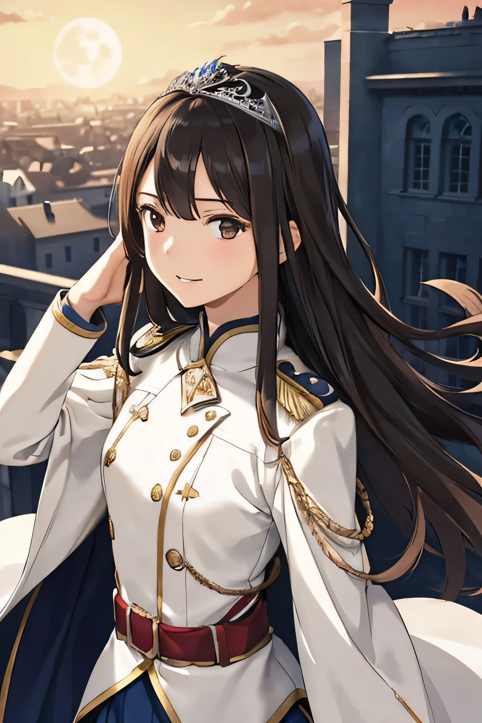 1girl,solo, long straight dark hair, white skin, blush,2000s,masterpiece,ultra-detailed,high resolution,perfect body,detailed long hair,detailed brown eyes, anime, (illustration:1.0), beautiful fingers, beautiful hands, moon face, cinematic lighting, small breasts, masterpiece, best quality, depth of field, official art, dynamic angle, close to viewer, from above, light smile, salute, half closed eyes, {slender}, {{standing on a high place}}, {{background is metropolis}}, buildings, {strong wind}, detailed sky, floating hair, beautiful detailed hair, detailed clothes, {{ground army uniform}}, {{army commander uniform}}, {{insignia}}, Lots of medals, hair accessories, bird in flight, {{masterpiece}}, {{best quality}}, {{intricate detailed}}, {{high resolution}}, {{extremely detailed CG}}, {{ultra-detailed}}, {{an extremely delicate and beautiful}},