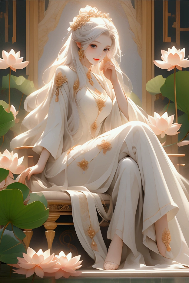 An ancient Chinese beauty sitting on a stone, wearing ancient Chinese clothing, flowing tulle, light silk, lazy posture, large lotus leaf, lotus, ink painting style, clean color, decisive cutting, blank, freehand, masterpiece, super detailed, epic composition, high quality, the highest quality, 4k --v 6