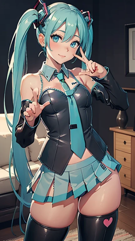 (of the highest quality, masterpiece, High resolution, Super detailed, cipher, thin skin, complicated eyes, perfect anatomy:1.2), (alone, Hatsune Miku:1.5), (beautiful face, low length), BREAK (Living room, Enjoy, smile, open the mouth:1.5), (make a heart with your hands, Heart Hand, heart pose:1.8), (since before, Five fingers, beautiful fingers:1.9), BREAK (Pure white blouse with blue edges., Pure white sleeveless clothing with blue edges, solid white color), BREAK (black separate sleeves, black removable sleeves) BREAK (black pleated skirt, The hem of the skirt is blue.), BREAK (black thigh high boots:1.2), BREAK (flat chest, Thin waist:1.2), (thick thighs:1.5)