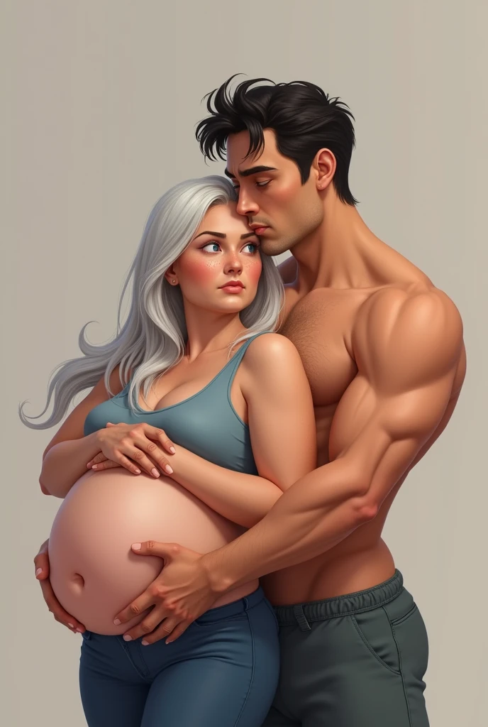 A petit, beautiful, delicate woman with long blond hair, being held by a tall, beautiful and muscular man, with no beard, black hair. In a kitchen. Pregnant