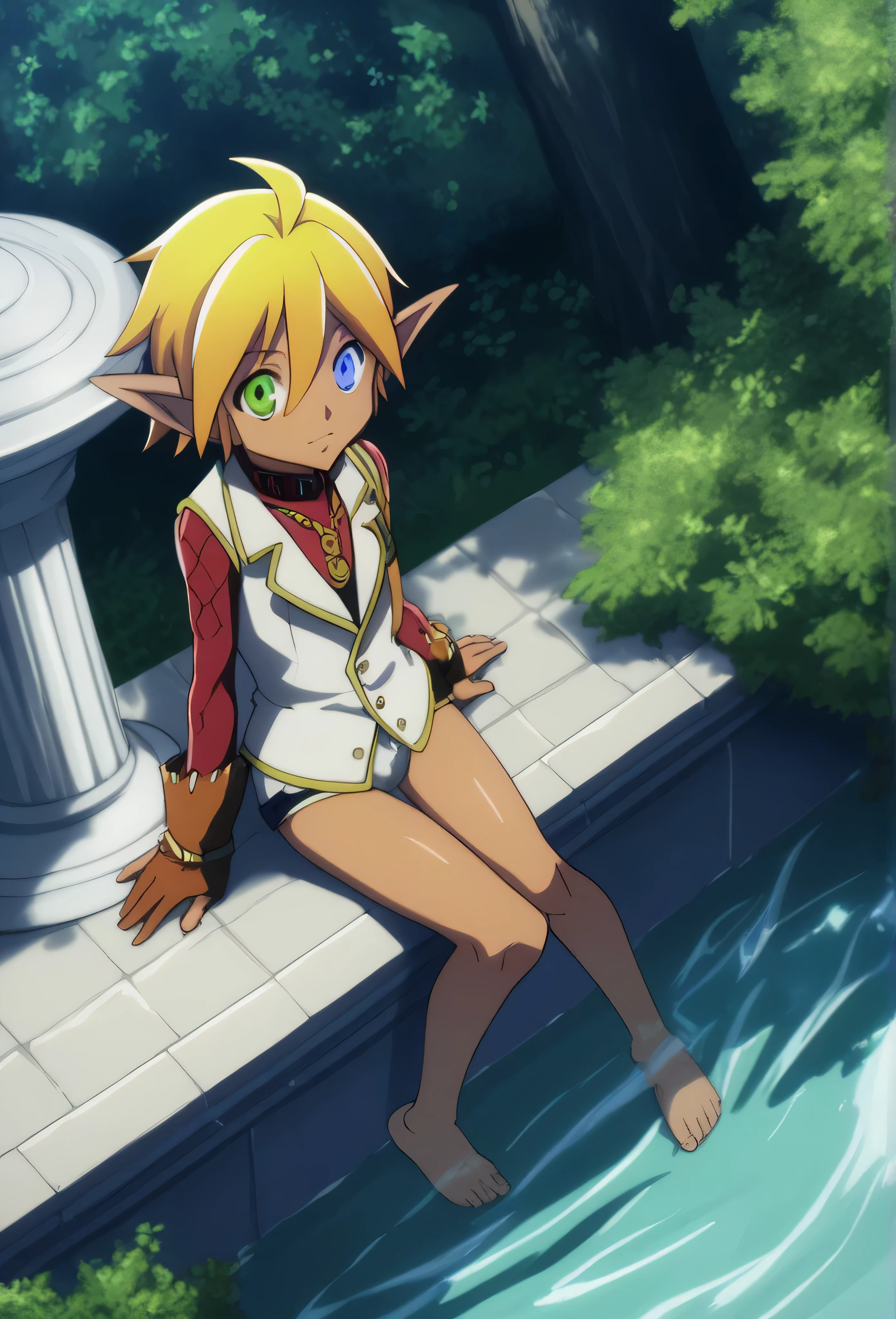 score_9, score_8_above, score_7_above, fountain_cheered up,
aurabellafiora,
aura bella fiora, short hair, blue eyes, by rubio, hair between the eyes, green eyes, He drowned, pointy ears, Dark skin, heterochromia, elf, dark elf,
Bikini, collar,
outdoor, evening, evening sky, forest, nature,
looking at the viewer, cowboy shot, dutch angle, sitting, barefoot