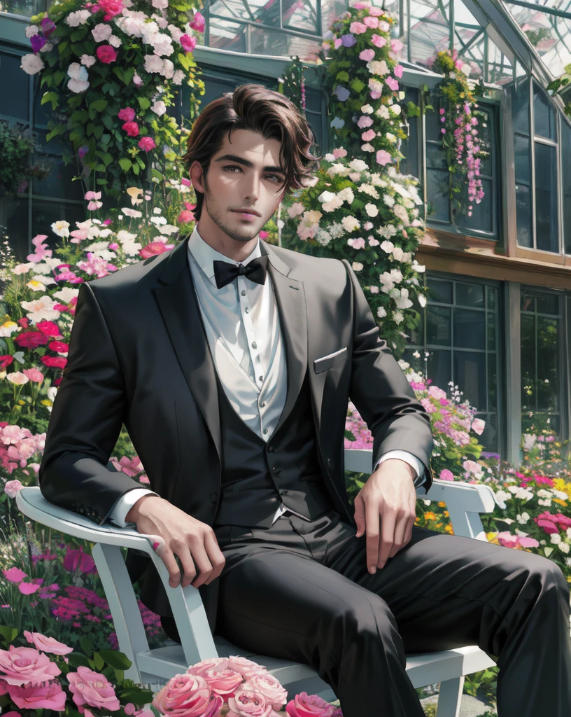 Handsome man, looking at the viewer. The man has dark brown hair and grey eyes. Wearing a black formal suit. Background is in a greenhouse garden full of flowers, sitting down on a chair..