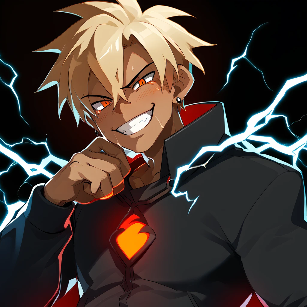 score_9, score_8_up, score_7_up, rating_explicit, source_anime, electricity boy, body fluid electricity, black clothes, cool design, semi robotic, neon lights, gesugao, dark expression, male only, male focus, manly, yaoi