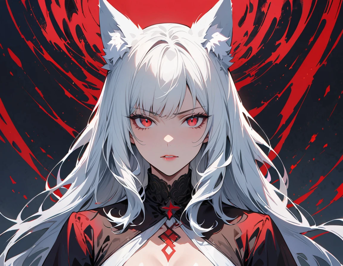 1girl ,white hair,red eyes, pale fur beast, lion's ears, polar, nice clothes,red claws, (high resolution, high detail, best quality), angry, medium tits