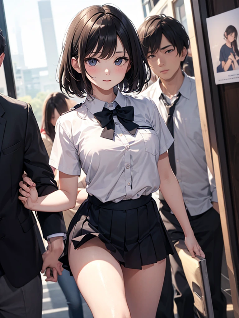 masterpiece、High definition photo quality、8k、1 high school girl、uniform、One man、nsfw、Cool guy、((A man grabs a woman&#39;s breasts from behind:2.5))、((女性がFrowning:1.5))、Frowning、(Pleated mini skirt)、A woman tries to escape、Panties are visible、Tight-fitting blouse、White knee-high socks、Big eyes、Straight long hair、