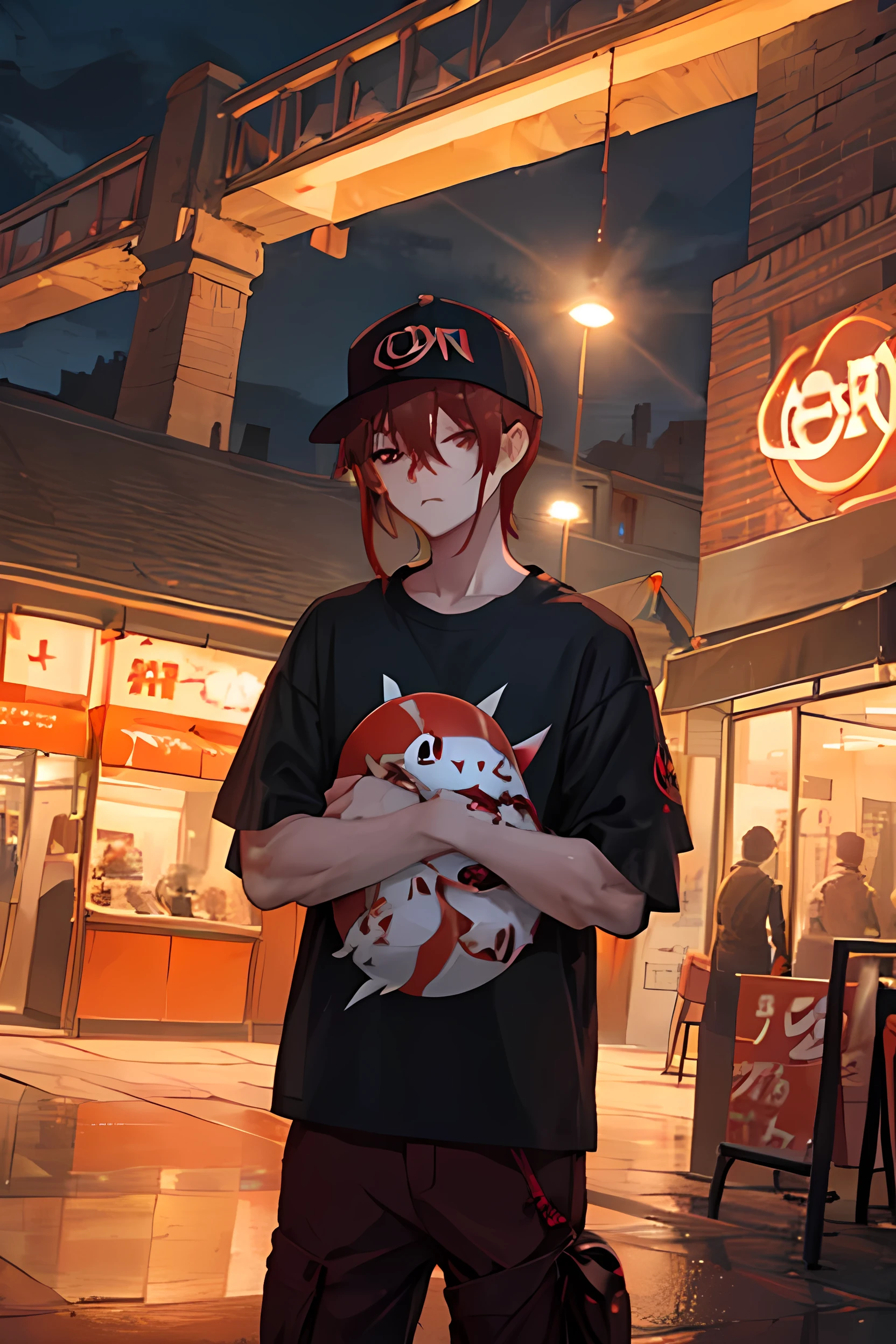  boy with red hair and red eyes, holds a pokeball in his hands. shorth hair, orange eyes, baseball cap with a pokeball symbol, black clothing, city at night, urban landscape, mighty.
