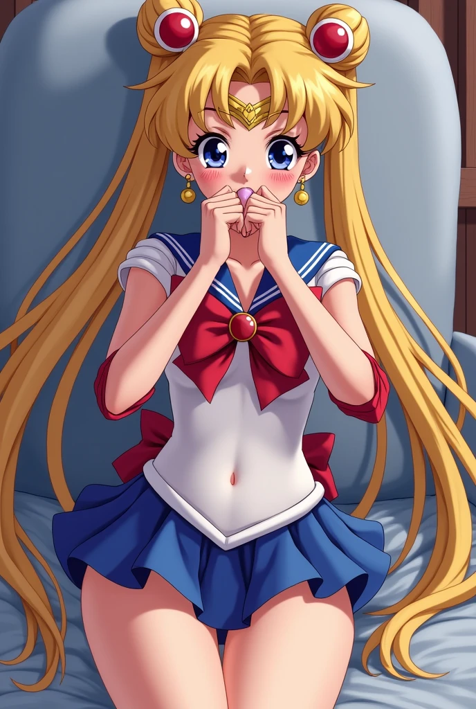 Best Quality)), ((Masterpiece,I&#39;m the only one,sailor venus ;Yellow hair,bow tied in her hair,alone,in bed,naked,legs open,showing pussy,stretched pussy,wet pussy,showing breasts.