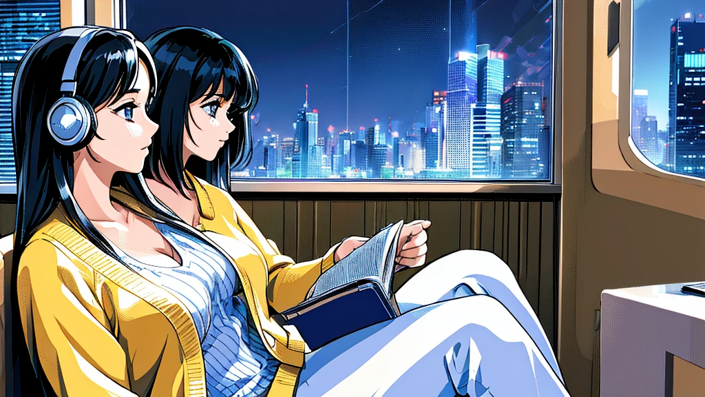 Profile of a beautiful 1girl with  headphones reading a book Outside the window is a skyscraper night view　Cleavage　Black Hair　sexy　high resolution　女の子１人　シンプル