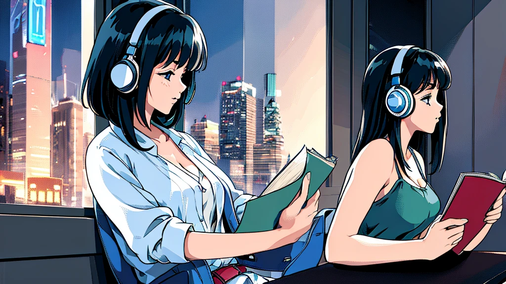 Profile of a beautiful 1girl with  headphones reading a book Outside the window is a skyscraper night view　Cleavage　Black Hair　sexy　high resolution　***１人　シンプル