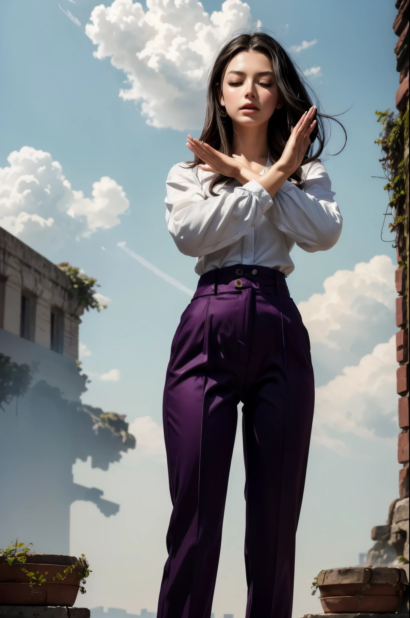masterpiece, best quality, extremely detailed, hyperrealistic:1.1, photorealistic, a beautiful 20s russian model, ultra detailed face:1.1, white long sleeve shirt, purple pants:1.1, medium hair, black hair, artistic jump:1.3, strenuous movements, from below, dynamic angle, working at flower shop:1.2, x-arms:1.3, eye closed:1.3, the scene of the city with a lot of white clouds, above the clouds, ancient ruins with a lot of white clouds