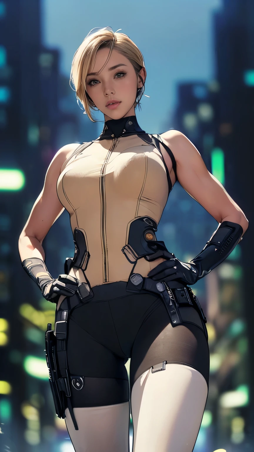 (A woman),(((Future female police officer standing))),((Black tactical tights:1.5)),((Camel toe:1.5)),((earphone:1.5)),((Tactical Holster:1.5)),(Gloves:1.5),(((Hands on Hips:1.5))),(front:1.5),(From below:1.2),(Super short hair:1.5),(bionde:1.5),(beautiful eyes:1.3),(Very detailedな顔:1.5),((Very detailed drawing of a female hand:1.5)),((muscular:1.5)),(Sexy look:1.5),((Thick thighs:1.5)),(Beautiful Body:1.5),((Very sensual:1.5)),(The backdrop is a futuristic city:1.5),(Cyberpunk atmosphere:1.5),(((Blurred Background:1.5))),(Written border depth:1.5),rest(((masterpiece:1.5),(best quality:1.5),(Very detailed:1.5),(high resolution:1.5),(Practical:1.5),(Practical:1.5),(Delicate depiction),(Carefully drawn))),8k,wallpaper