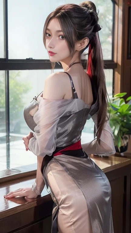 (top-quality、tmasterpiece:1.2)，teens girl，Long gray hair、Smooth skin、Smooth legs、Busty body，Transparent openwork cheongsam，Moon，Dog crawling kneeling position，Ass pouted，电影灯光，