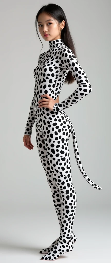 A beautiful,thin and nice asian muslimah woman wears white leopard print lycra turtleneck unitard catsuit covered with spots and white leopard print lycra dancewear hood-like hijab.She must wear a pair of glasses