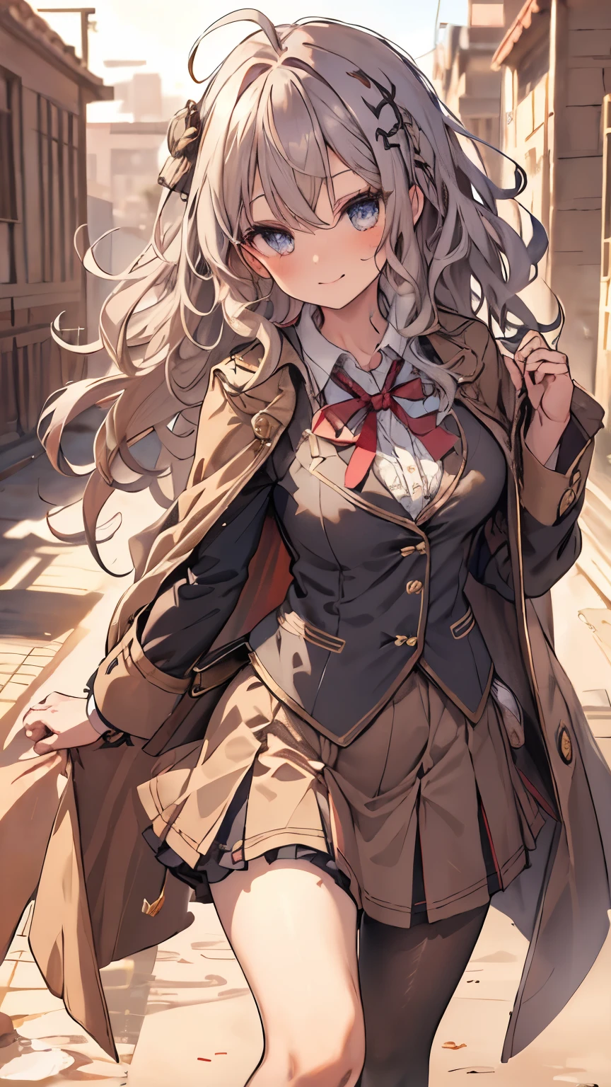 masterpiece, 1 girl, sparrow, a silver haired girl, wearing a magic academy uniform, curly medium hair, messy hair, slim body, he close her left eye, shirt ornament, ruby eyes, ahoge, baby face, long sleeves, beautiful eyes, stocking, droopy eyes, her age is 19, nagisa_bluearchive, seductive face, medium hair, seductive smile, curly hair, MongolPunkAI, medium breasts, view from right down, she tease you, lend a hand to you, she very close to you, smug smile, rainbow_one, school uniform, long flared skirt, erotic smile, library, ribbon, brown cape coat, 