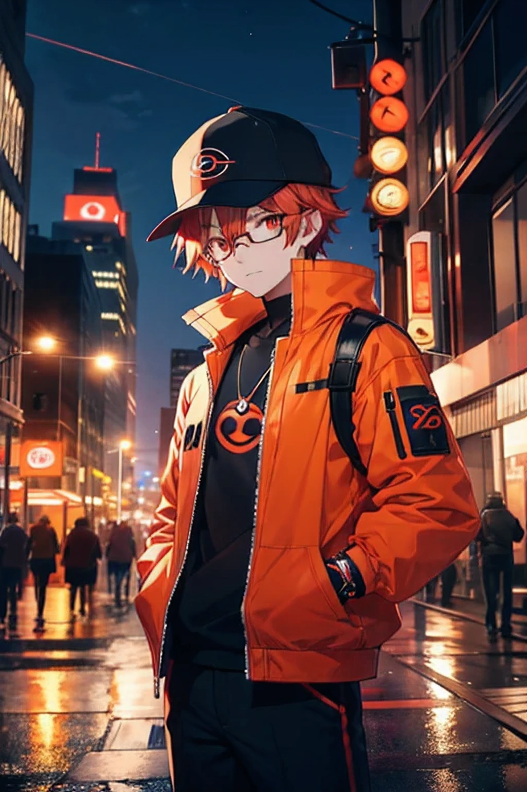 adult boy with red hair and red eyes, holds a pokeball in his hands. shorth hair, orange eyes, baseball cap with a pokeball symbol, black clothing, city at night, urban landscape, mighty. In front of a large entrance. One arm extended forward and the other in the pocket, wearing an orange jacket and a pair of glasses above his cap. Your ear having a crystal earring. On your forearms, visible three special bracelets, each with a different symbol, all technological.
