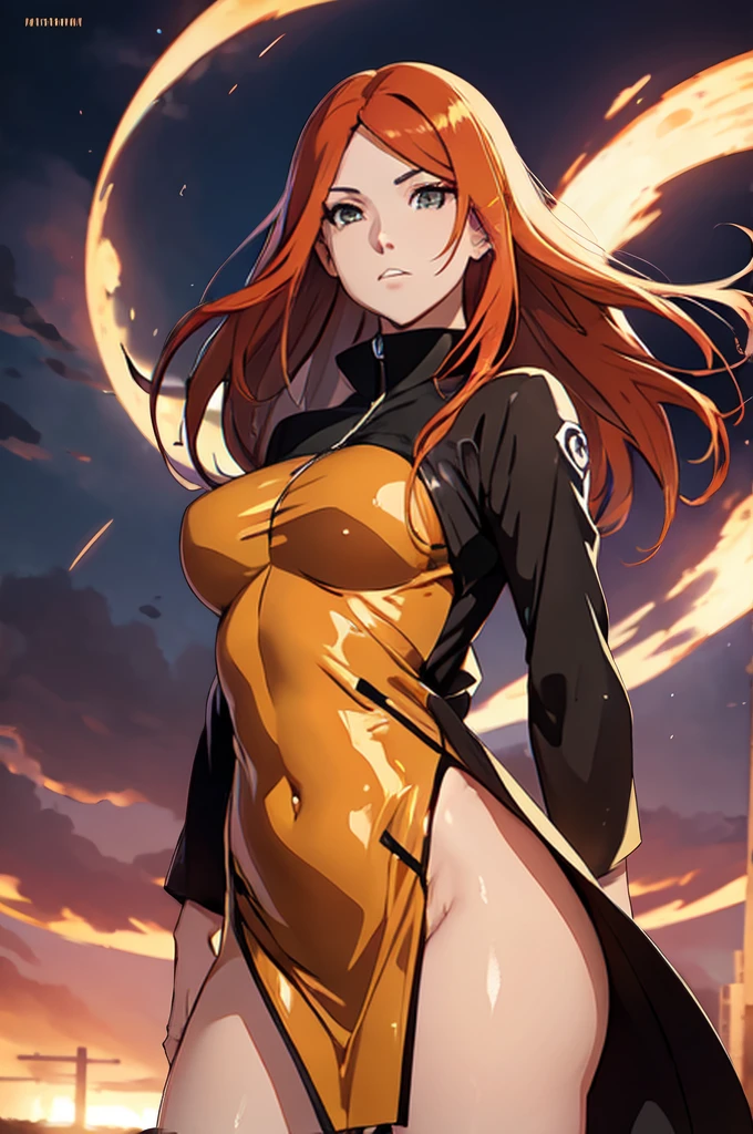 Kushina uzumaki, exposed leg dress, maturebody, beautiful  face, sultry posing, big buttocks, illustration, high resolution, ultra details, realisitic, swirly vibrant colors, soft lighting, perfectbody, maturebody, delicious, hot, wind lifting the dress, Legs exposed, flashing ass