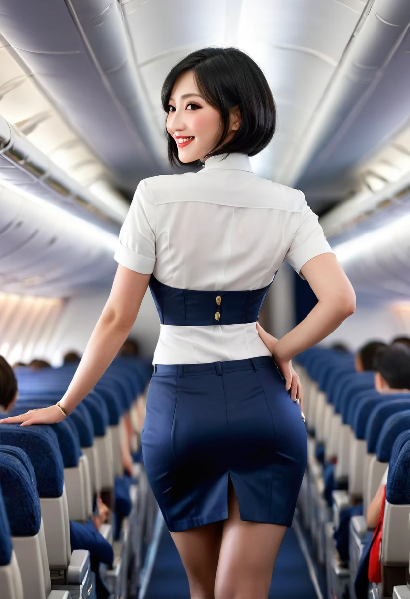 1woman, 40 year old、hyper-detailed face、detailed lips、A detailed eye、Double eyelid、(black bob hair、Smiling as you walk slowly down the hallway)、(Stewardess uniform:1.2)、(Glamorous body)、(Colossal tits)、thighs thighs thighs thighs, Perfect fit, Perfect image realism, Background with: (Business class aisle on airplanes:1.2), cowboy shot, Detailed history, detailed costume, perfect outfit、hyper- realism、(Photorealistic:1.4)、Maximum 8K resolution, (Masterpiece artwork), highy detailed, proffesional, camera facing the ass, waist shot, rear view, ((satin pencil skirt))