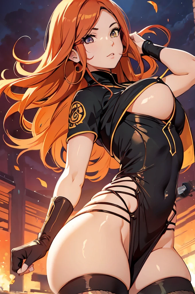 Kushina uzumaki, exposed leg dress, maturebody, beautiful  face, sultry posing, big buttocks, illustration, high resolution, ultra details, realisitic, swirly vibrant colors, soft lighting, perfectbody, maturebody, delicious, hot, wind lifting the dress, Legs exposed, flashing ass