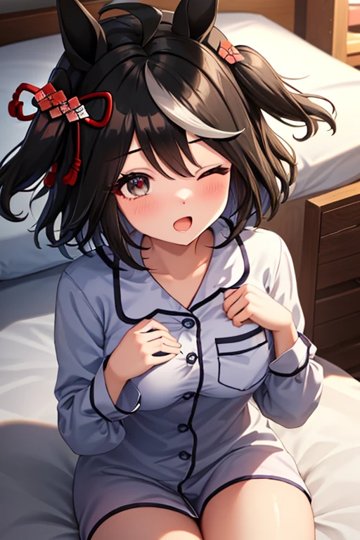 Waking up,pajamas,Looks sleepy,One eye is closed,Watery eye1人の女の子, High resolution, chest, masterpiece, Black Hair, Animal ears, Horse ears, (Open your mouth, Yawn,Watery eye,Sitting on the bed),大きなchest, Horse Girl,Kitasan Black