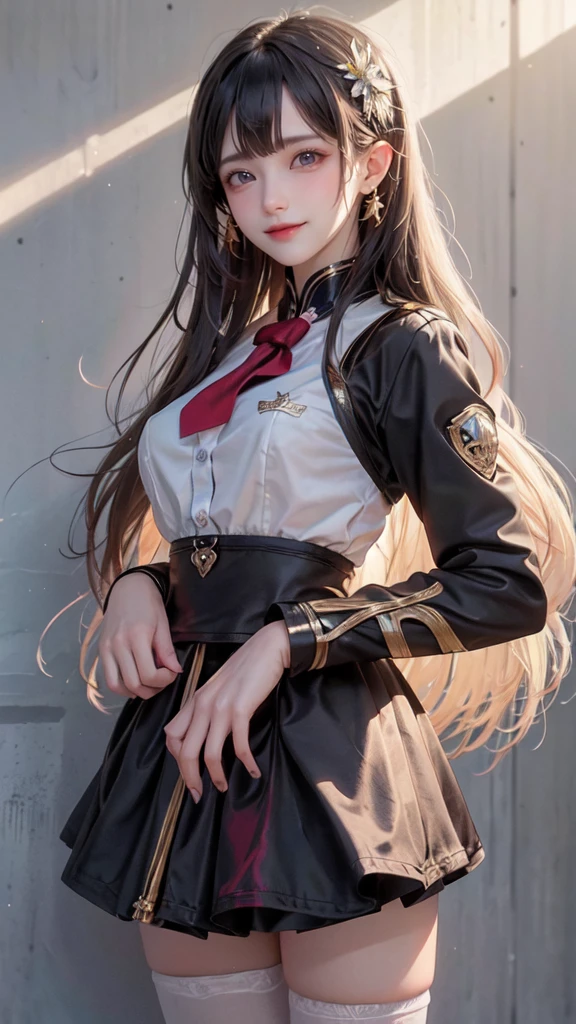 A beautiful young woman with long bangs, flowing black hair, wearing a white shirt, uniform outfits,green skirt, and a red tie, posing gracefully and elegantly, sensual smile ,8k, highly detailed, photorealistic, , depth of field, cinematic composition, masterpiece, standing elegant, green eyes , looking at viewer