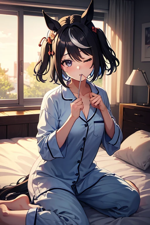 Waking up,pajamas,Looks sleepy,One eye is closed,Watery eye1人の女の子, High resolution, chest, masterpiece, Black Hair, Animal ears, Horse ears, (Open your mouth, Yawn,Watery eye,Sitting on the bed),大きなchest, Horse Girl,Kitasan Black,(valley),((cover your mouth with your right hand))