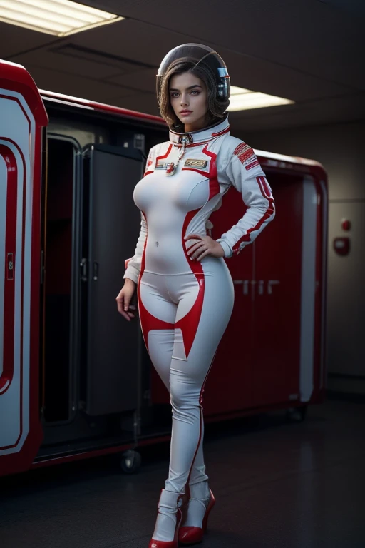 ((Best quality)), ((((Best quality)), ((masterpiece)), (detailed), perfect face, ((best quality)), ((masterpiece)), (detailed), perfect faceДевушка , European, completely in red latex uniform, holding a spacesuit helmet in his hand, space, spaceships and stations,в открытом spaceе , Best quality, Очень detailed, high quality, adult girl, Best quality глаз, Качество глаз masterpieceа, fantasy, high quality eyes, camel toe, plump lips,pomade, big ass, wide hips, light gray eyes, White hair, Haircut for a boy , Beautiful,full height, long legs, normal breasts, Full Build ((masterpiece)), (detailed), perfect face, Foreground, legs wide apart, Full Body Frame, 