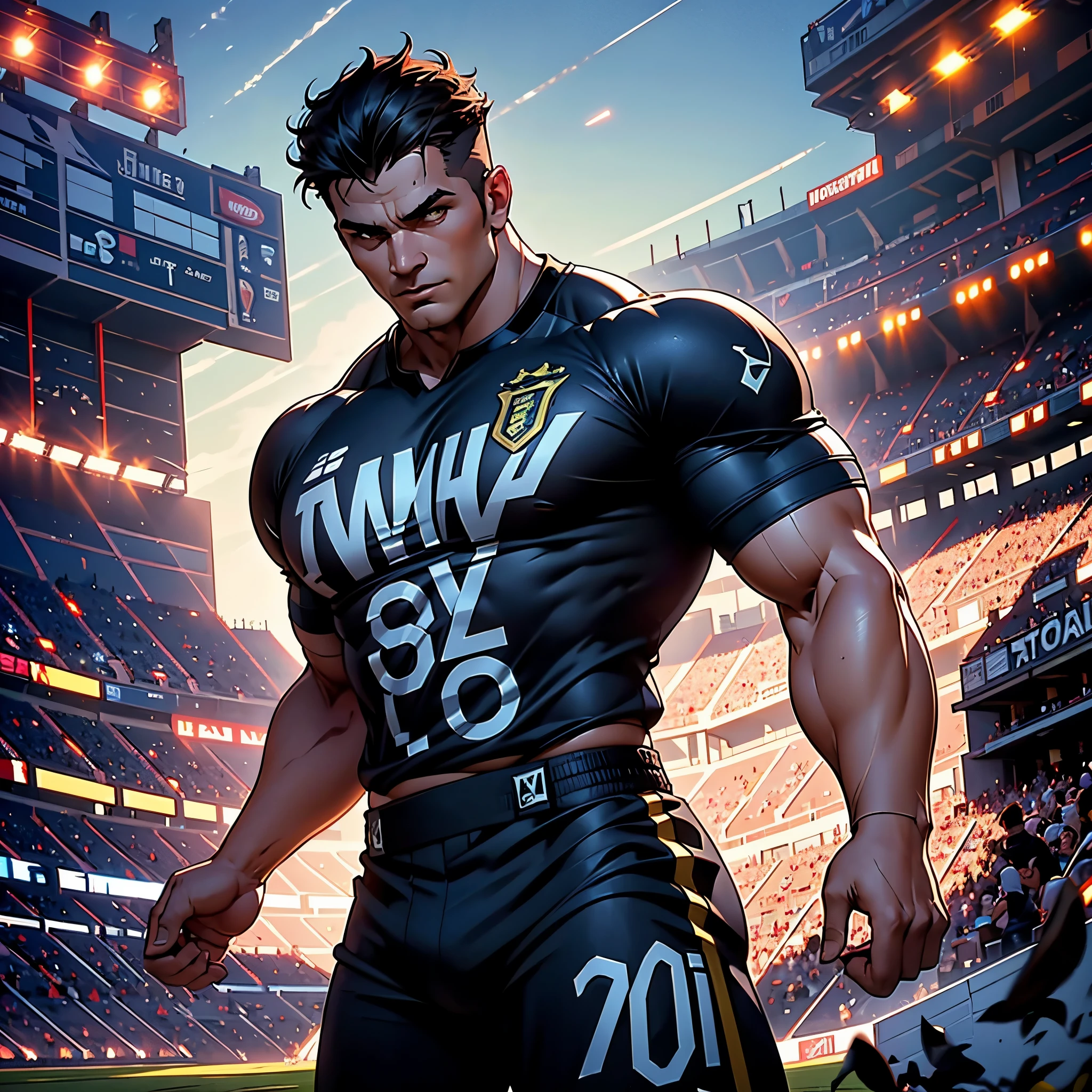 A digital painting of a strong, athletic man in his prime, depicted as a professional soccer player. He stands confidently on the field, with a stadium full of roaring fans in the background. His muscular physique is emphasized by his form-fitting jersey, showcasing his power and agility. His chiseled features and focused gaze reflect determination and a winning mentality. The lighting is dynamic, with the stadium lights casting sharp shadows that highlight his commanding presence, while subtle details like the worn grass and distant scoreboard emphasize the high-stakes atmosphere of the match.