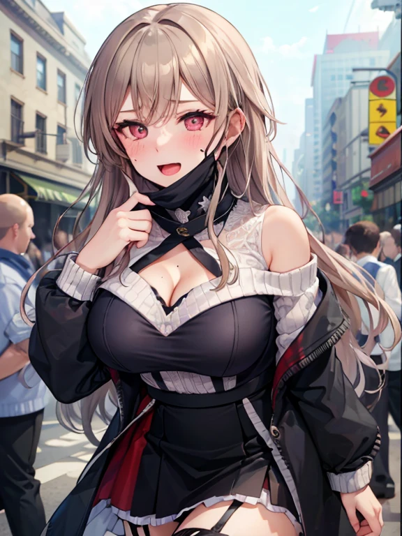 ((Highest quality)), ((masterpiece)), (detailed), One person,Age 25,(White knitted sweater),(mini skirt),(Black Mask),(Pull on the mask),Shoulder Bare,Big Breasts,blush,Underbust,(Her cleavage is visible),(Excited expression),(Seduce),night,In town,Surrounded by crowds,Dim lighting,(In the crowd),(Being watched by the crowd),(Show off your breasts),Browsing Caution,sexy,dirty,Sweat,(Black garter belt),(Put your chest close)