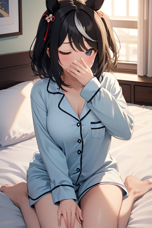 Waking up,pajamas,Looks sleepy,One eye is closed,Watery eye1人の女の子, High resolution, chest, masterpiece, Black Hair, Animal ears, Horse ears, (Open your mouth, Yawn,Watery eye,Sitting on the bed),大きなchest, Horse Girl,Kitasan Black,(valley),((cover your mouth with your right hand))