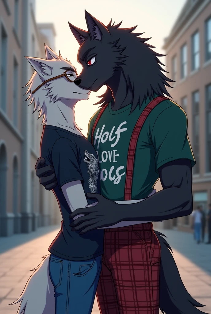 Big Muscle furry white wolf kiss furry black wolf  Wear shirt and trouser , the balcony railing ,Riverside ,city,watch the sunset ,Smiling softly and warmly ,Stand facing the sun  