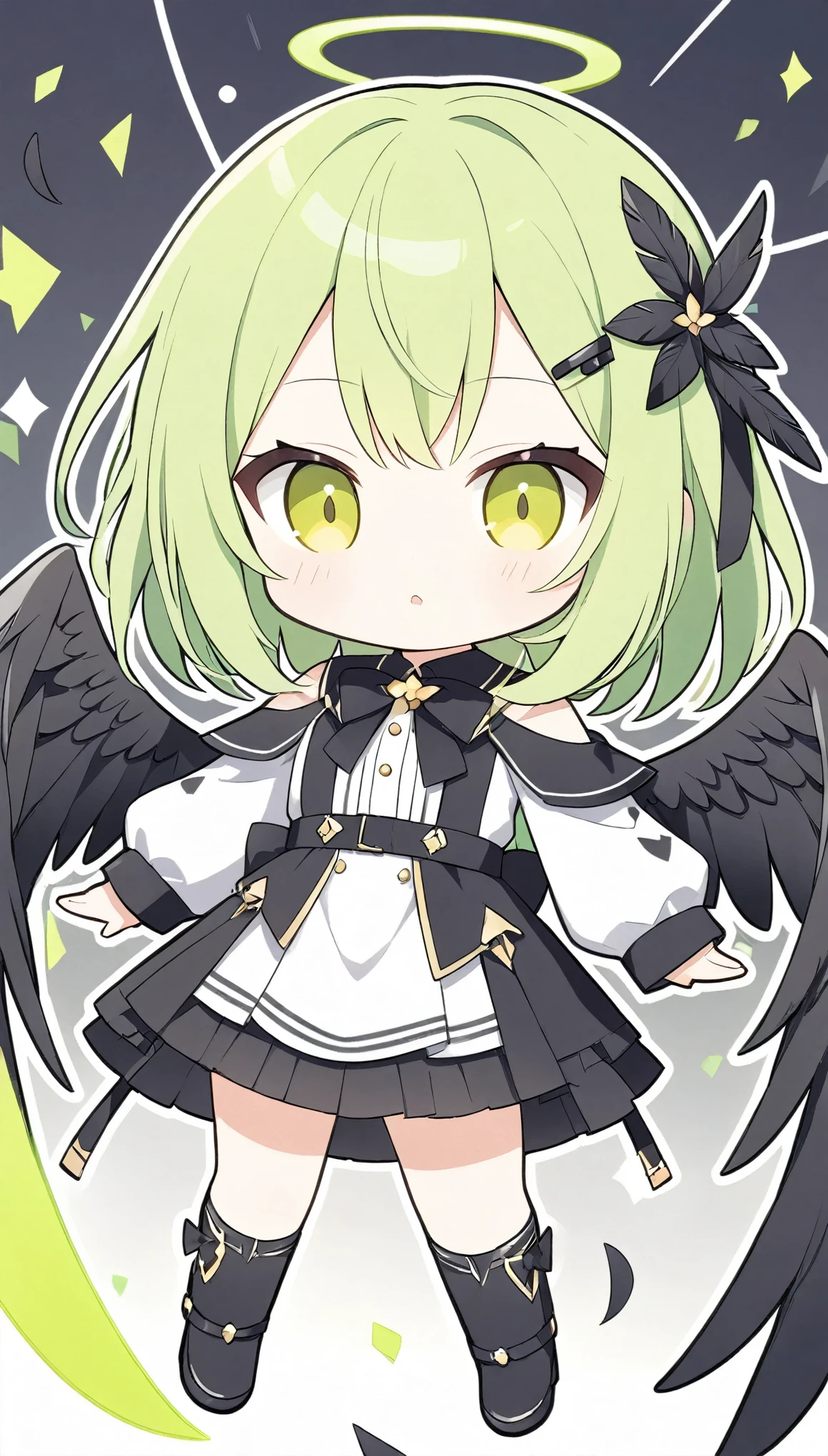 vector art、whitebalance:0.5),Green Hair、cuteFallen Angel Costume、((Fallen Angel)),Tattered Black Feather,Black feather hairpin,((Slanted Eyes)),tooth,cute,black feathers scatter,Beautiful background