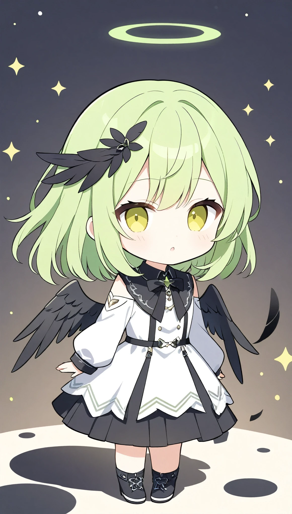 vector art、whitebalance:0.5),Green Hair、cuteFallen Angel Costume、((Fallen Angel)),Tattered Black Feather,Black feather hairpin,((Slanted Eyes)),tooth,cute,black feathers scatter,Beautiful background