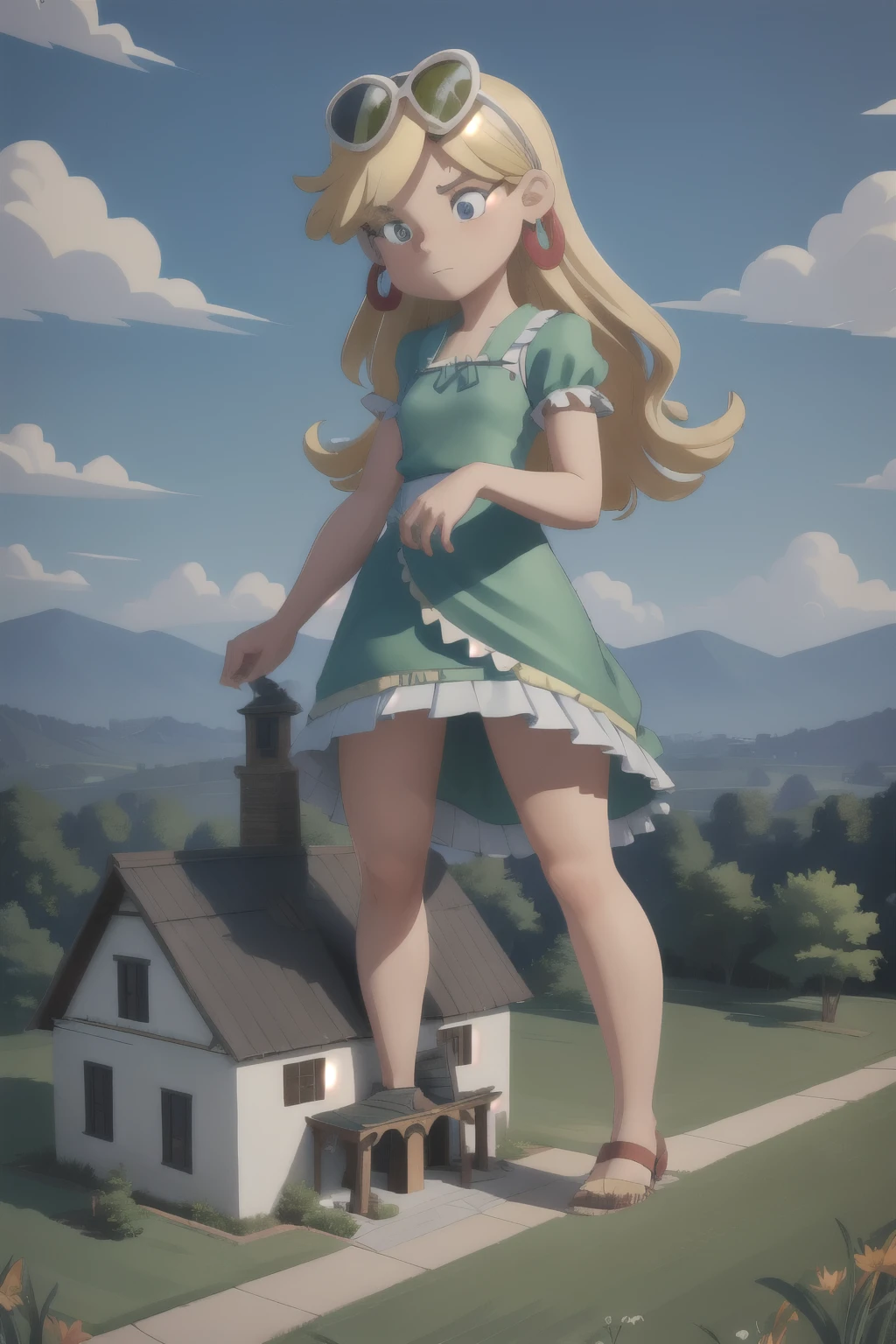 giantess looming over a single house in a field, kneeling, partially obscured, kneeling over a house in a field, one leg obscured, 1leg, tower between her legs, destroying a building, destruction, debris, crushing a building, tiny building between her legs
one house, spread legs:1.5, legs spread:1.5, giantess in a field with a house, cowgirl position:2
house obscuring view,
Forests, flowers, lakes, blue sky, white clouds, cutebuild style masterpiece, best quality, highres, leni loud, blonde hair, long hair, green dress, earrings, sunglasses on head, hoop earrings, GTS, giantess, 1girl, solo, (Kneeling on top of a building), partially obscured, countryside, nature, rural, grass, mountains in the background, daytime, outdoors, partially obscured:3, looking down, fence in the foreground, building between legs, trees,
BREAK (16k, highres, high quality, masterpiece, ultra detailed, perfect lighting:1.1), looking down,
masterpiece, best quality, 1girl, solo,
destruction, rampage, debris, rubble,