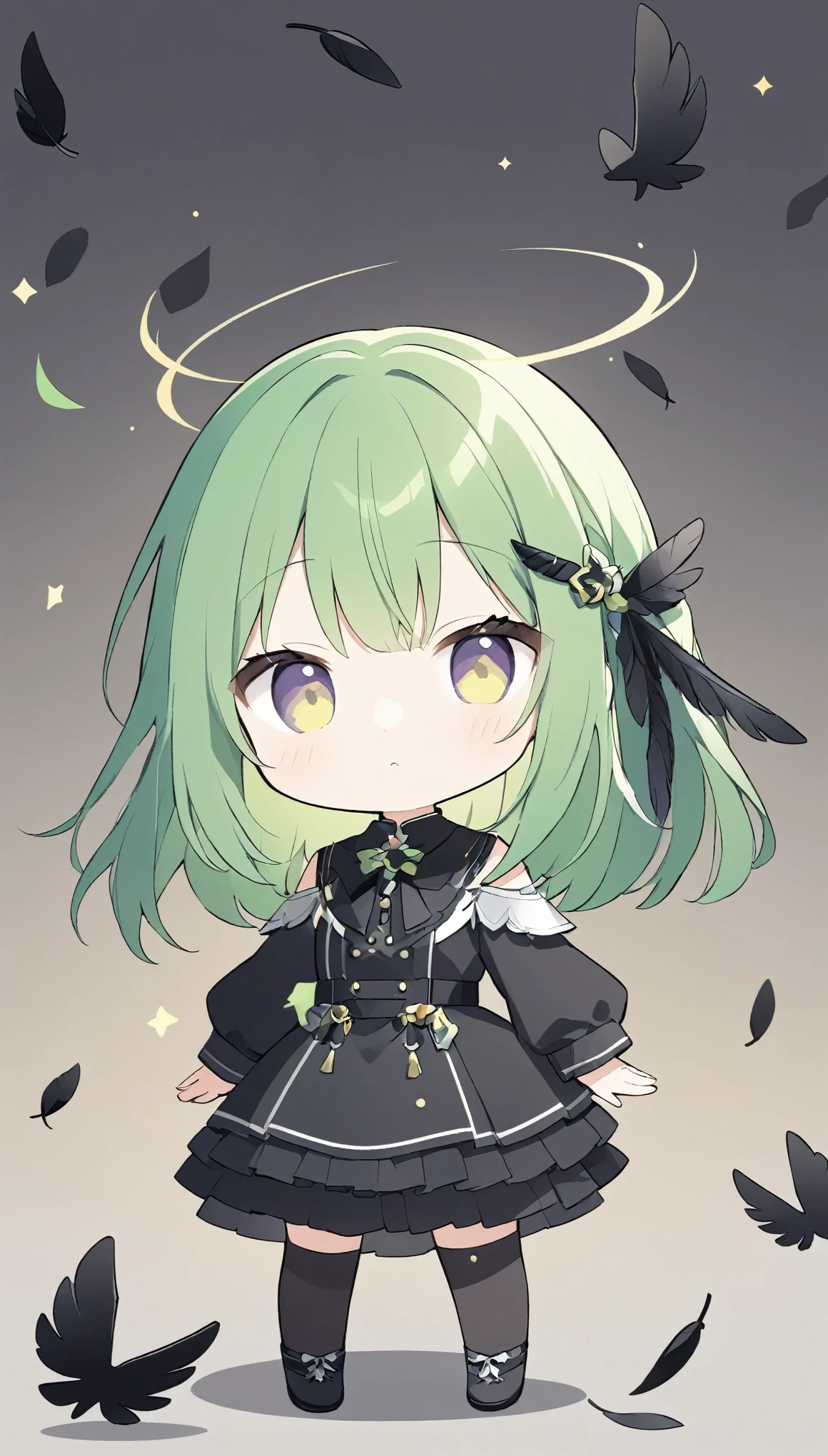 vector art、whitebalance:0.5),Green Hair、cuteFallen Angel Costume、((Fallen Angel)),Tattered Black Feather,Black feather hairpin,((Slanted Eyes)),tooth,cute,black feathers scatter,Beautiful background