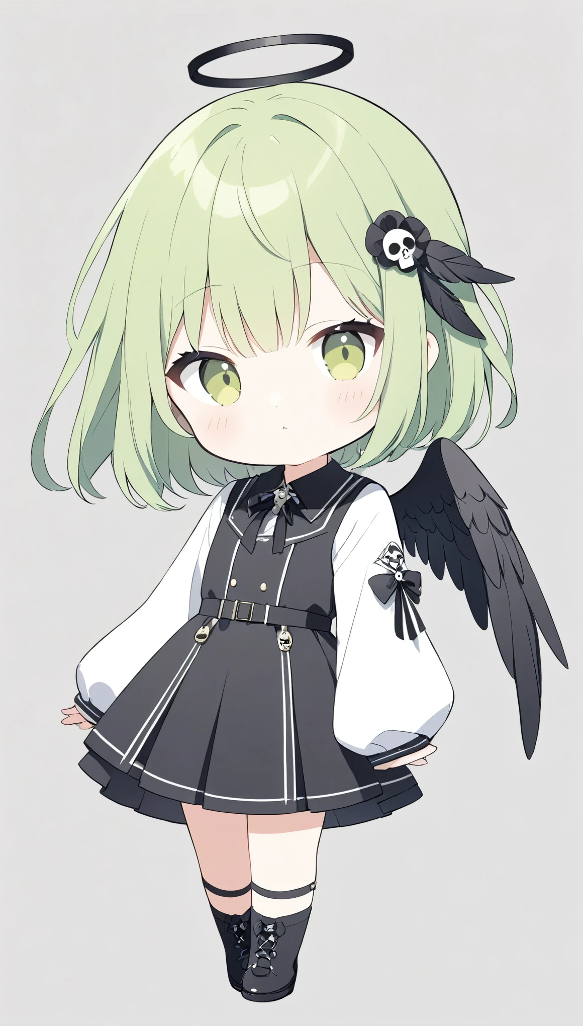 vector art、Green Hair、cuteFallen Angel Costume、((Fallen Angel)),Tattered Black Feather,Black feather hairpin,((Slanted Eyes)),tooth,cute,black feathers scatter,Beautiful background、Cute skull hairpin、Black halo on head