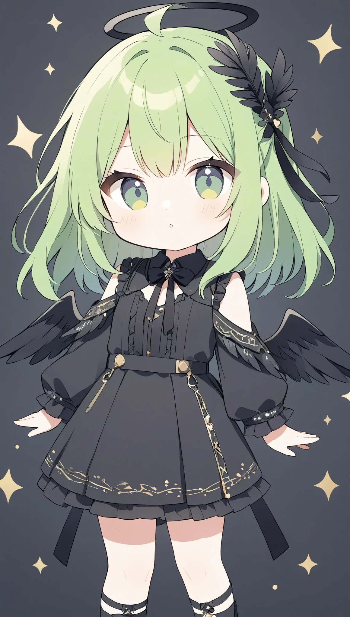 vector art、Green Hair、cuteFallen Angel Costume、((Fallen Angel)),Tattered Black Feather,Black feather hairpin,((Slanted Eyes)),tooth,cute,black feathers scatter,Beautiful background、Black halo on head,XD