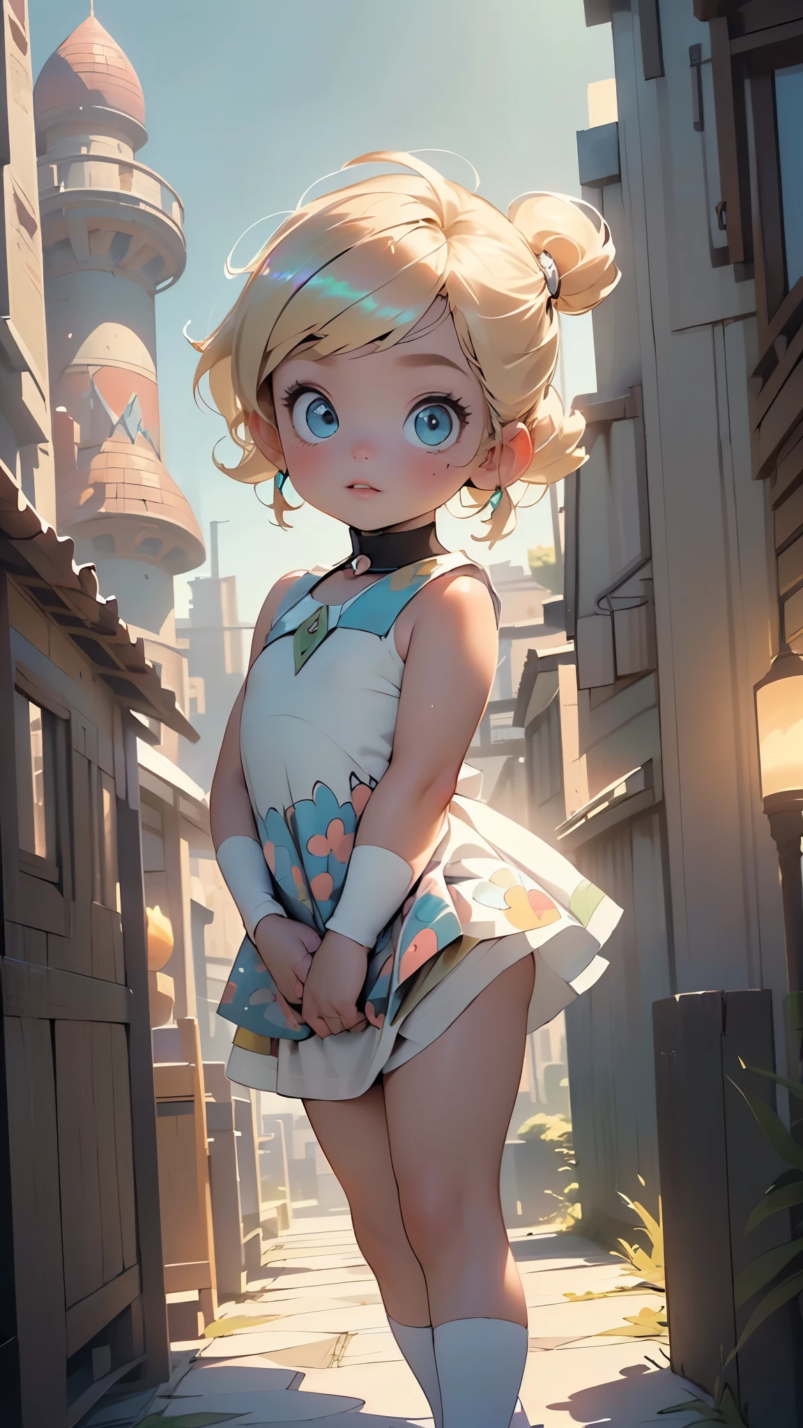 (((Bubbles of the powerpuff girls))),(((1 ddler:1.4))), (ba (round face), (little chest), (blonde hair,twintails pigtails), (beautiful blue big eyes:1.3), intricate eyes,beautiful detailed eyes,symmetrical eyes,big eyes:1.5,(apricot eyes:1.2), extremely detailed cute anime face, solo,🦄,🌈,kawaii,(((lustrous skin:1.5,tanned skin,bright skin: 1.5,skin tanned,shiny skin,very shiny skin,shiny body))),((nsfw)),((little ,chibi))),((small tiny body)),petite,(((()))),((flat chest)),

(((dress sky-blue:1.5,sleeveless dress)),black belt,white thighhighs)

(dynamic pose:1.0),embarrassed,(centered,scale to fit dimensions,Rule of thirds),

((fantastic fairy tale city at night:1.2)),((night sky full of stars,the character is illuminated by the moon)),scenery:1.25,intricate scenery,((((dark fantasy towers background,dark fantasy towers on the horizon,magic clock town)))),((Industrial-age-city,Industrial age city)),((iridescent colors in the background:1.2)),

(Glossy fantasy ornaments),highres,sharp focus,(ultra detailed,extremely detailed),(photorealistic artwork:1.37),(extremely detailed CG unity 8k wallpaper),(((vibrant colors,vibrant theme))),(intricate),(masterpiece),(best quality),artistic photography,(photography taken by sldr),(intricate background),perfect rendered face,perfect face details,realistic face,photo realistic,((intricate detail)),(((realism))),
