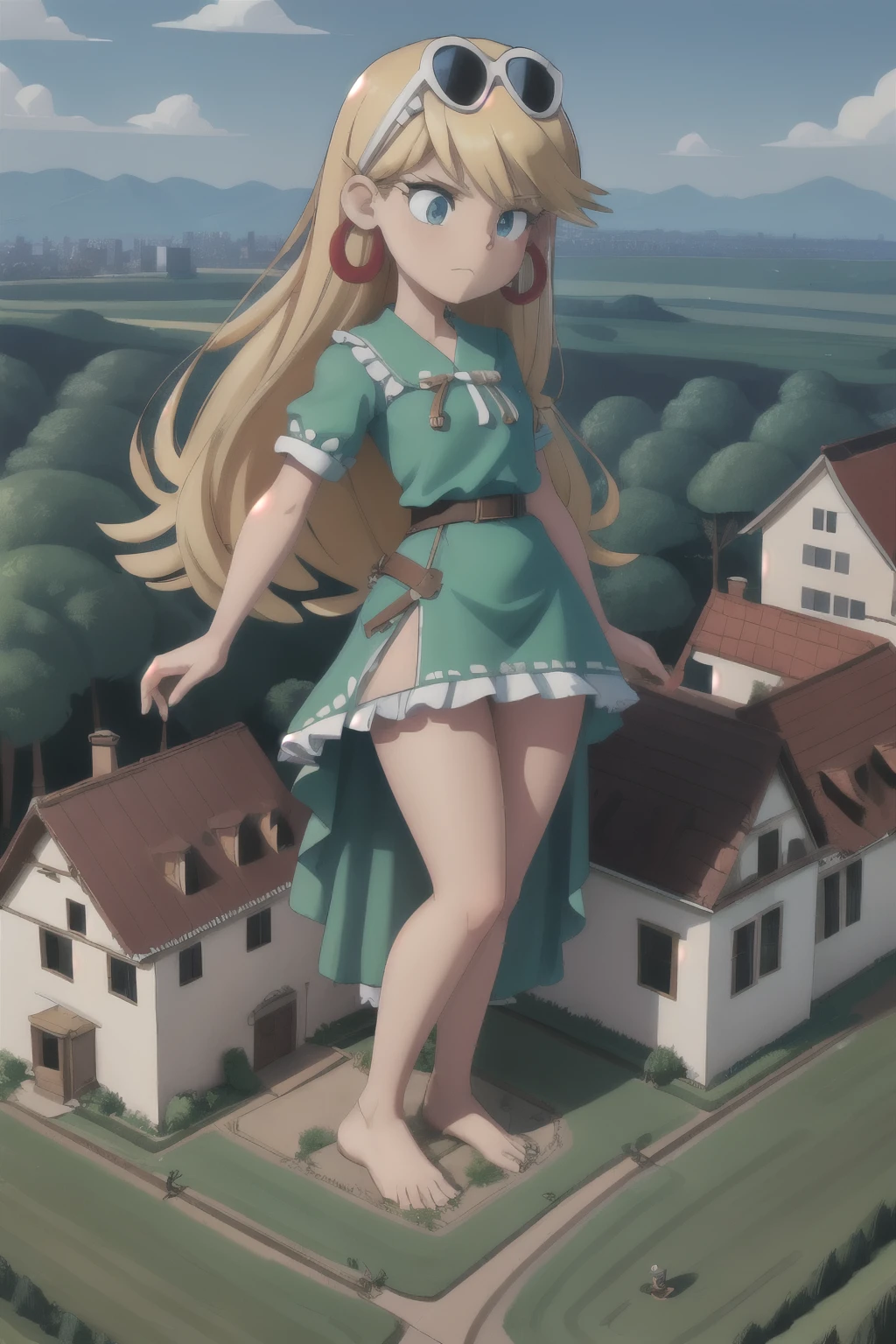 giantess looming over a single house in a field, kneeling, partially obscured, kneeling over a house in a field, one leg obscured, 1leg, tower between her legs, destroying a building, destruction, debris, crushing a building, tiny building between her legs
one house, spread legs:1.5, legs spread:1.5, giantess in a field with a house, cowgirl position:2
house obscuring view,
Forests, flowers, lakes, blue sky, white clouds, cutebuild style masterpiece, best quality, highres, leni loud, blonde hair, long hair, green dress, earrings, sunglasses on head, hoop earrings, barefoot, GTS, giantess, 1girl, solo, (Kneeling on top of a building), partially obscured, countryside, nature, rural, grass, mountains in the background, daytime, outdoors, partially obscured:3, looking down, fence in the foreground, building between legs, trees,
BREAK (16k, highres, high quality, masterpiece, ultra detailed, perfect lighting:1.1), looking down,
masterpiece, best quality, 1girl, solo,
destruction, rampage, debris, rubble,