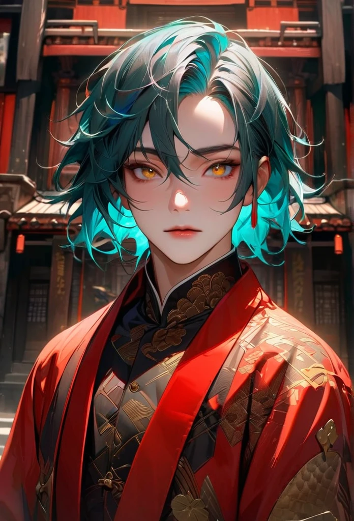 {MALE, MAN, YOUNG ADULT MAN } absurdres, highres, ultra detailed, HDR, master piece, best quality, extremely detailed face and eyes, perfect face, realistic face, beautiful eyes, Jiyan, aquamarine hair, expressive golden eyes, red jacket, balck shirt, patterns, solo, man, handsome. {old japanese temple background}{ Dark aquamarine HAIR} {WAIST SHOT} {Gold Eyes}