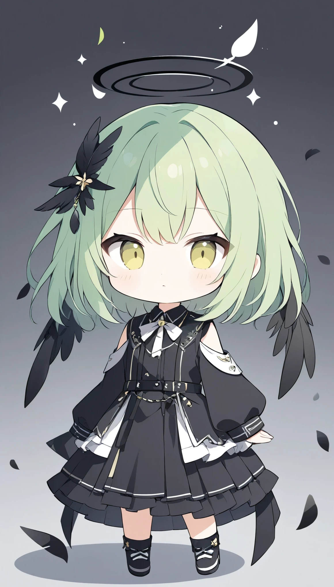 vector art、Green Hair、cuteFallen Angel Costume、((Fallen Angel)),Tattered Black Feather,Black feather hairpin,((Slanted Eyes)),tooth,cute,black feathers scatter,Beautiful background、Black halo on head,Stylish outfit