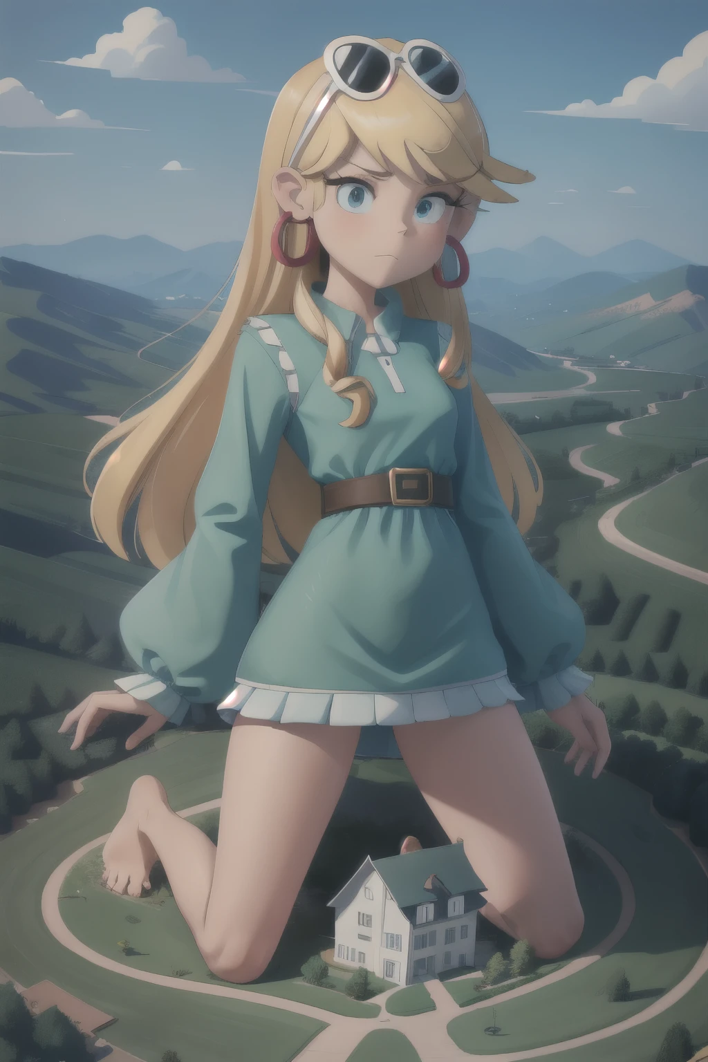 giantess looming over a single house in a field, kneeling, partially obscured, kneeling over a house in a field, one leg obscured, 1leg, tower between her legs, destroying a building, destruction, debris, crushing a building, tiny building between her legs
one house, spread legs:1.5, legs spread:1.5, giantess in a field with a house, cowgirl position:2
house obscuring view,
Forests, flowers, lakes, blue sky, white clouds, cutebuild style masterpiece, best quality, highres, leni loud, blonde hair, long hair, green dress, earrings, sunglasses on head, hoop earrings, barefoot, GTS, giantess, 1girl, solo, (Kneeling on top of a building), partially obscured, countryside, nature, rural, grass, mountains in the background, daytime, outdoors, partially obscured:3, looking down, fence in the foreground, building between legs, trees,
BREAK (16k, highres, high quality, masterpiece, ultra detailed, perfect lighting:1.1), looking down,
masterpiece, best quality, 1girl, solo,
destruction, rampage, debris, rubble,