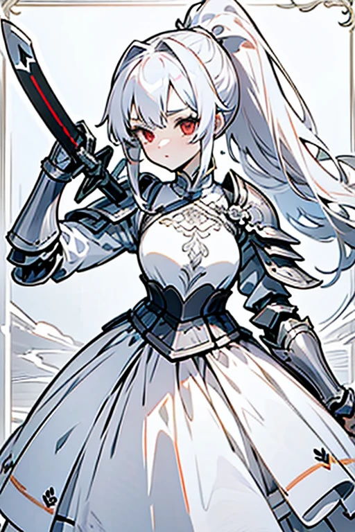 Beautiful anime girl with white hair, Red eyes, And a delicate face, pocket,armor,wearing cute white dress, A playful and bright look, Ultra-high resolution, masterpiece, Highest quality, Very detailed, ponytail,Long Hair,Animal Year Eta, Anime Style,巨Large sword,Large sword,Put it on your shoulder,brave