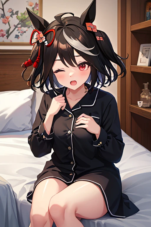 Waking up,pajamas,Looks sleepy,One eye is closed,Watery eye1人の女の子, High resolution, chest, masterpiece, Black Hair, Animal ears, Horse ears, (Open your mouth, Yawn,Watery eye,Sitting on the bed),大きなchest, Horse Girl,Kitasan Black