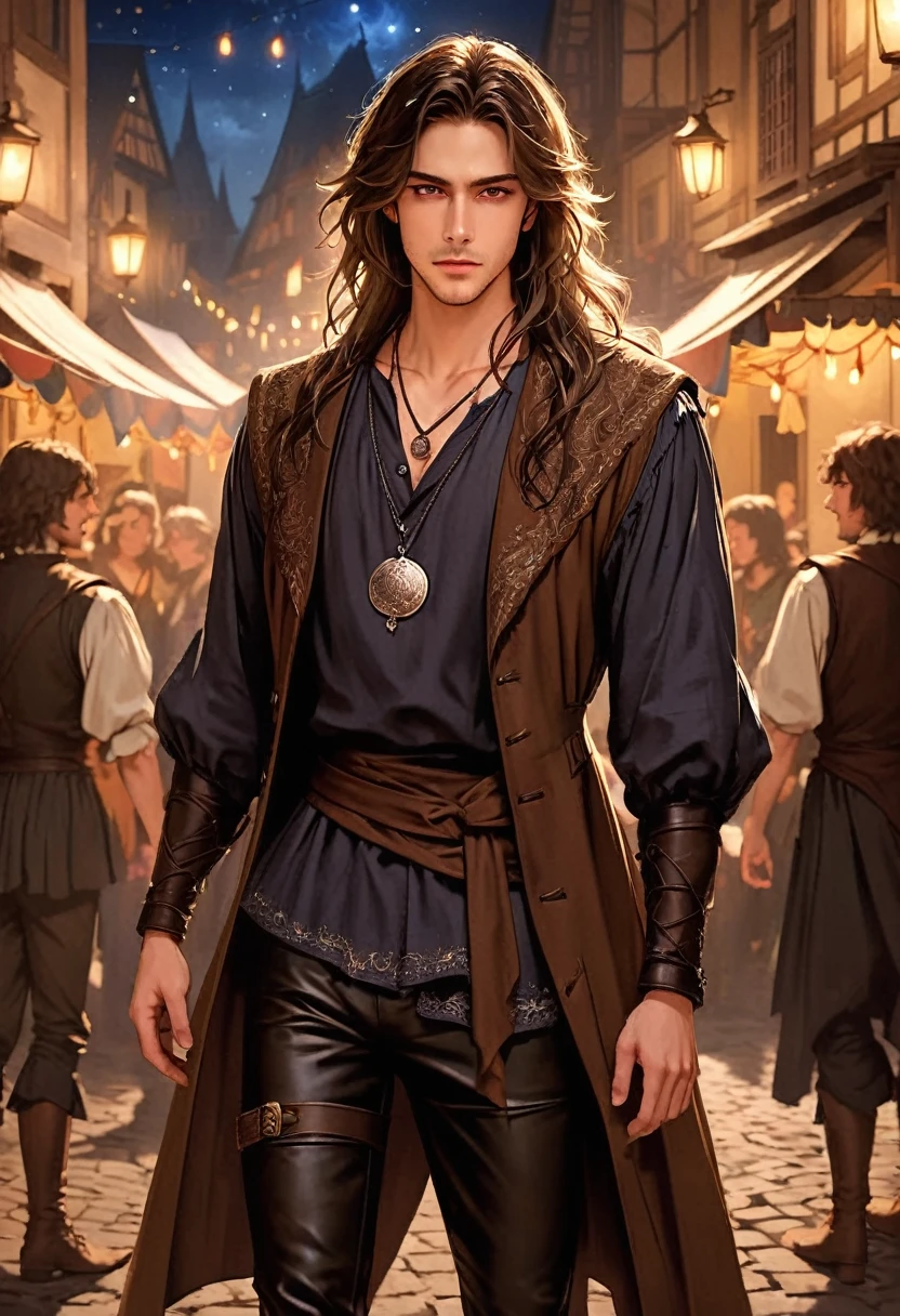 masterpiece, safe, best quality, expressive eyes, perfect face a young anime man with long hair of shoulder length dark brown color falling in messy waves. brown eyes. in renaissance, historical, fantasy standing in a festival town at night time with a calm expression. He wore his tunic with a leather vest, along with his usual black pants and boots, with a silver medallion hanging around his neck.