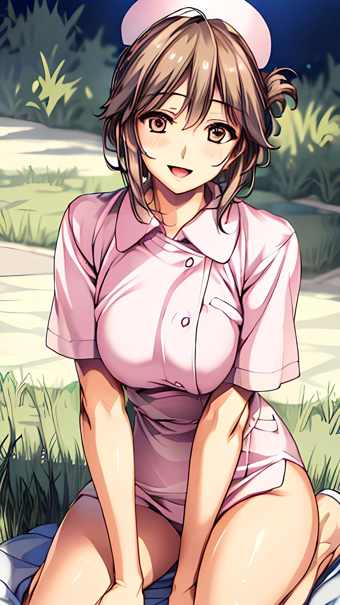 (masterpiece:1.3, top-quality, ultra high res, ultra detailed), (realistic, photorealistic:1.4), beautiful illustration, perfect lighting, natural lighting, colorful, depth of fields, surrealism, 
beautiful detailed hair, beautiful detailed face, beautiful detailed eyes, beautiful clavicle, beautiful body, beautiful chest, beautiful thigh, beautiful legs, beautiful fingers, shiny skin, 
looking at viewer, 1 girl, japanese, 1, (perfect anatomy, anatomically correct, super detailed skin), cute and symmetrical face, babyface, perfect face, perfect eyes, perfect fingers,
(middle hair:1.2, updo hairstyle:1.2, long sidelocks, brown hair), asymmetrical bangs, grey eyes, big eyes, long eyelashes, (medium breasts, seductive thighs), slender, outstanding style, 
(detailed cloth texture, nurse uniform, nurse cap, nameplate, stethoscope, karte), 
(beautiful scenery), (hospital, grassy), walking, (gentle, caring, lovely smile, open mouth small), 