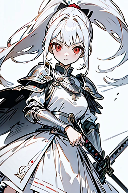 Beautiful anime girl with white hair, Red eyes, And a delicate face, pocket,armor,wearing cute white dress, A playful and bright look, Ultra-high resolution, masterpiece, Highest quality, Very detailed, ponytail,Long Hair,Animal Year Eta, Anime Style,巨Large sword,Large sword,Put it on your shoulder,brave,Black Sword