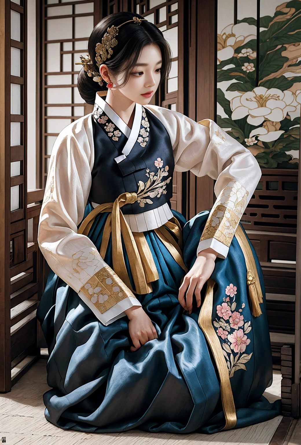 (masterpiece), (Detailed illustrations), best quality, illustration, (intricate details), (Korean style, As realistic as a photo: 1.37), illustration, Very delicate and beautiful, very detailed, 8K wallpapers, amazing, delicate details, high resolution, very detailed eyes and face, Full body front view, (Looking for viewers:1.4), Korean style 한옥, Traditional Korean House, Korean woman, girl wearing hanbok, (20 years old), pale skin, A gold hairpin on a side ponytail with black hair, headdress, earring, Flower pattern, Summer hanbok made of thin material, Wearing a wide, fluffy hanbok skirt, sit with one knee raised. beautiful, The rich, colorful colors and classic, highly detailed expressions of traditional Korean costumes,