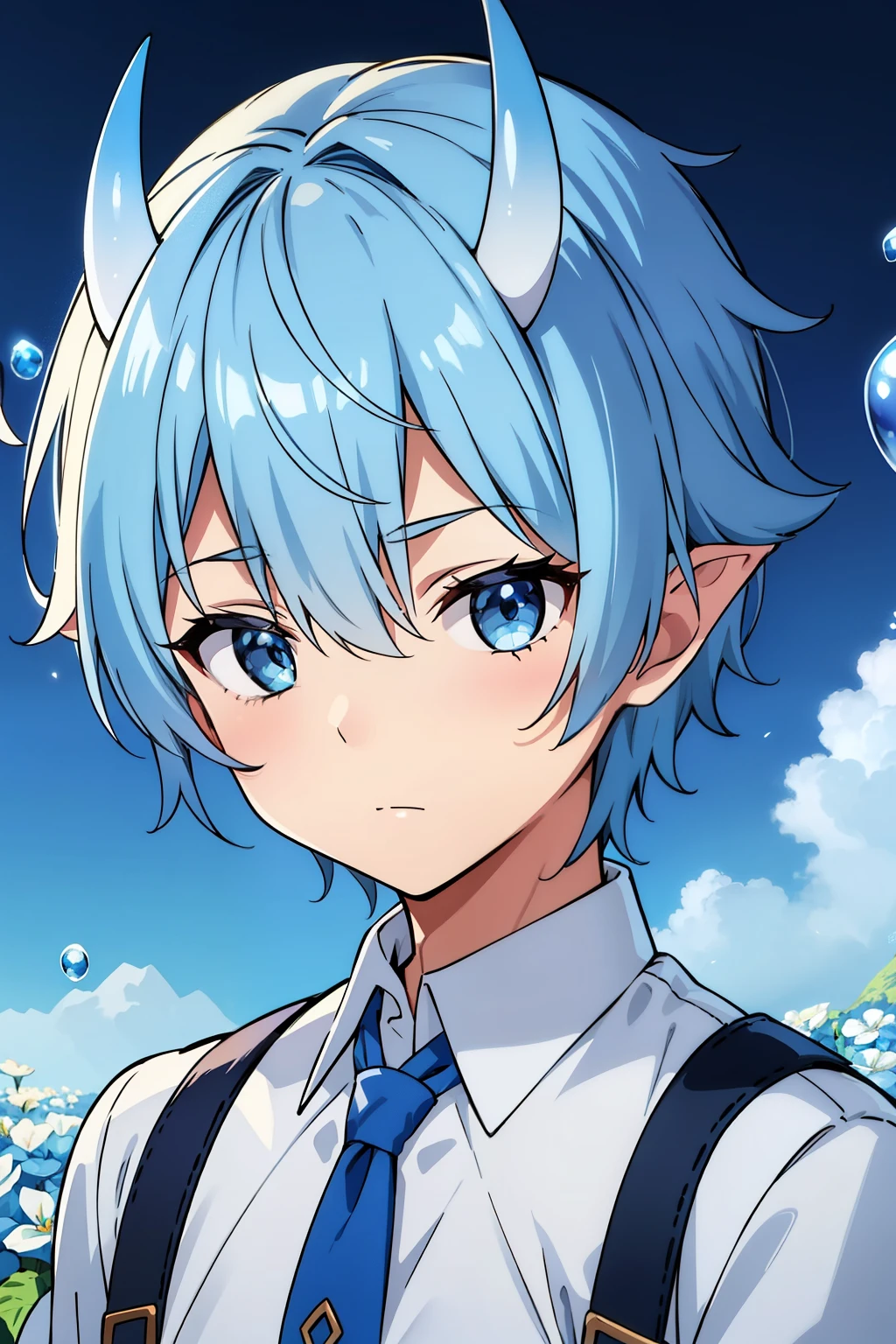 (high-quality, breathtaking),(expressive eyes, perfect face) 1boy, male, solo, kid, 10yr old, short height, Symmetrical Eyes, portrait, blue hair, blue eye color, medium hair length, neutral expression, soft smile, white shirt, fantasy attire, adventurer profession, blue sky, ice theme, oni orns, blue flower field, ice shards, bubbles, blue horns,
